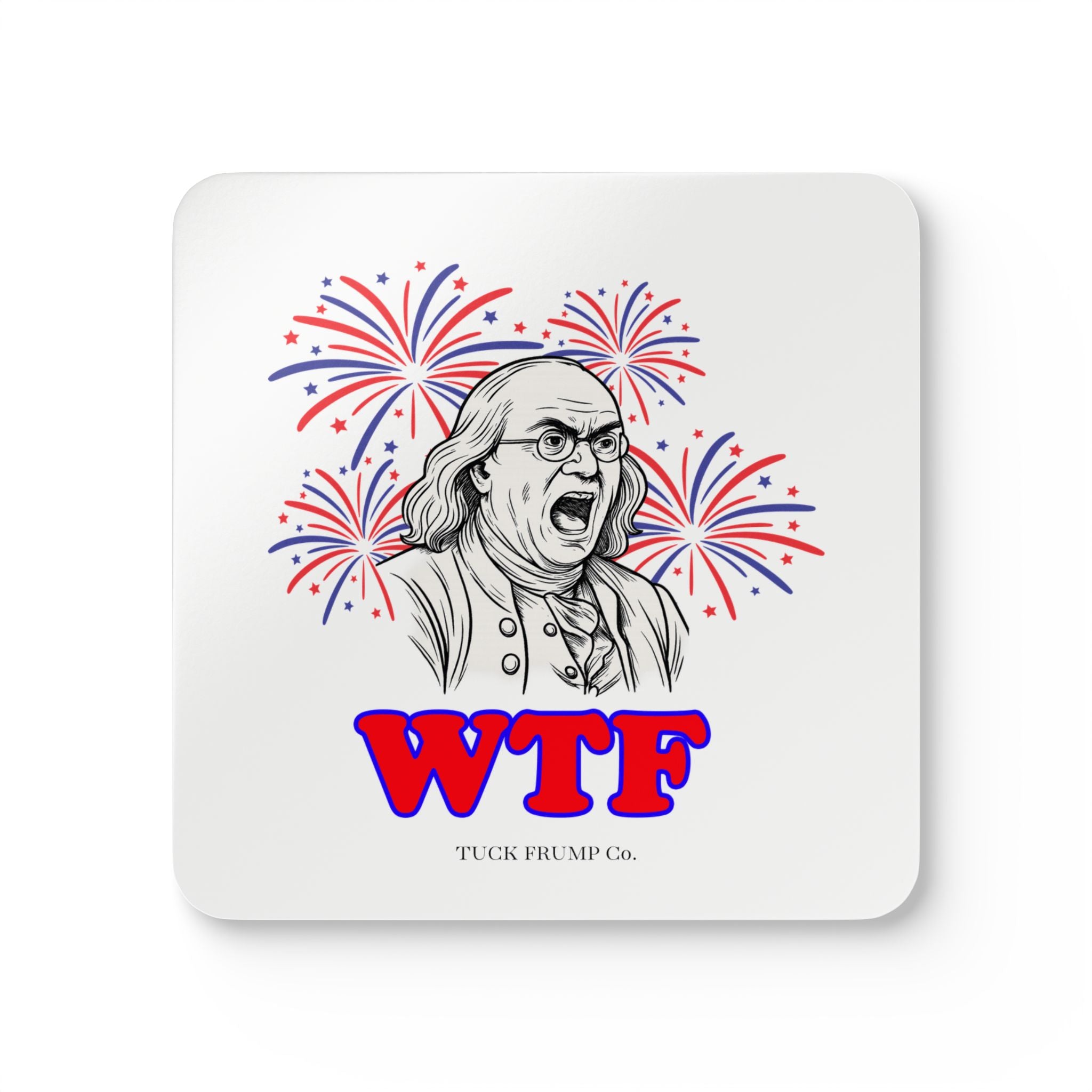 🧠 Ben Franklin “WTF?” Cork Coaster Set – 4-Pack