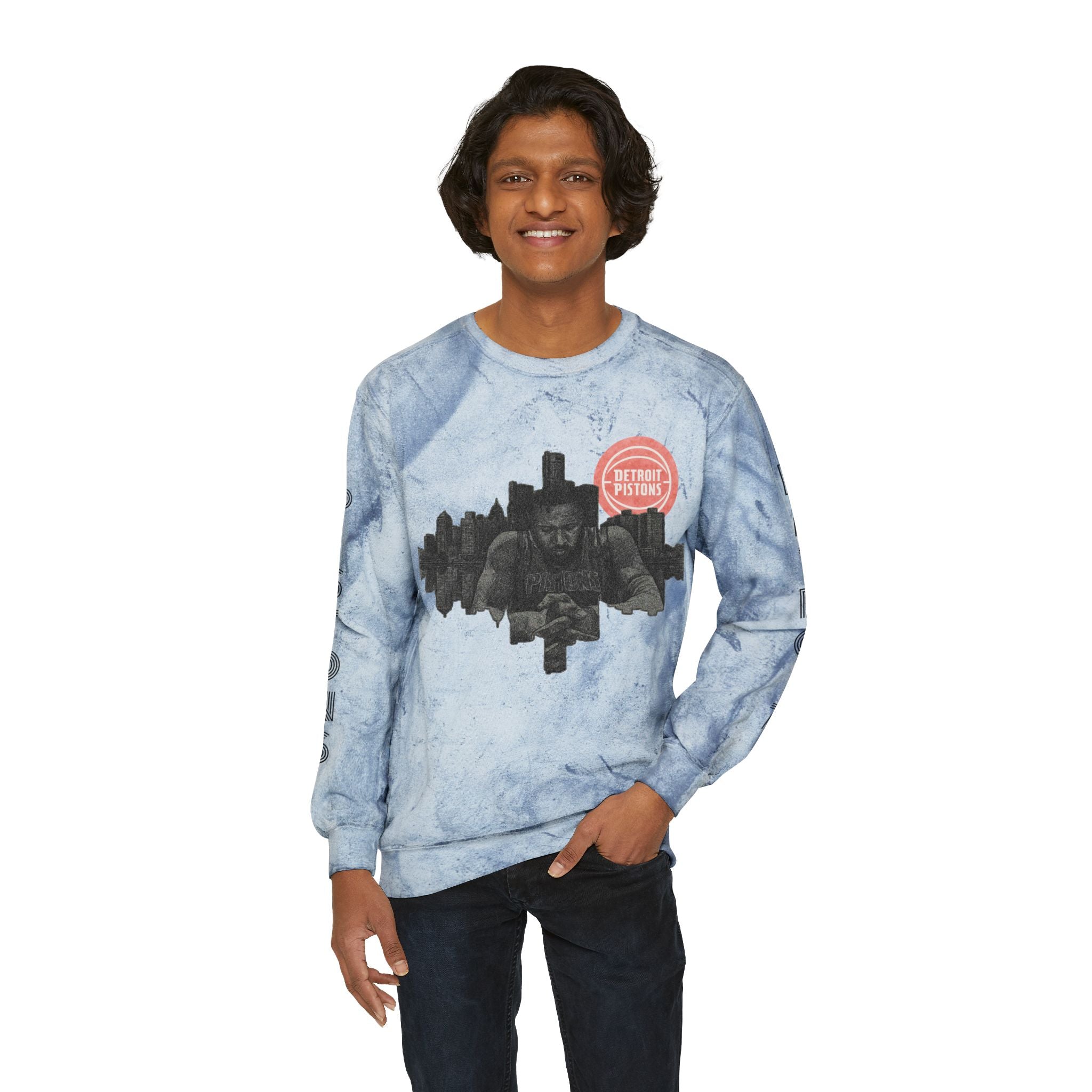 Color Blast Crewneck Sweatshirt — Vintage Cityscape Graphic (“Detroit Strong”)