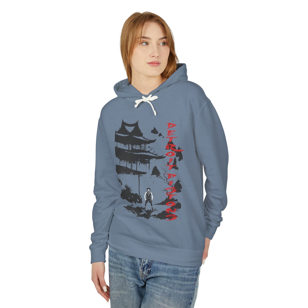 Samurai Pagoda Hoodie — Japanese Ink Art Hoodie with 'DEATH OR GLORY' Vertical Script