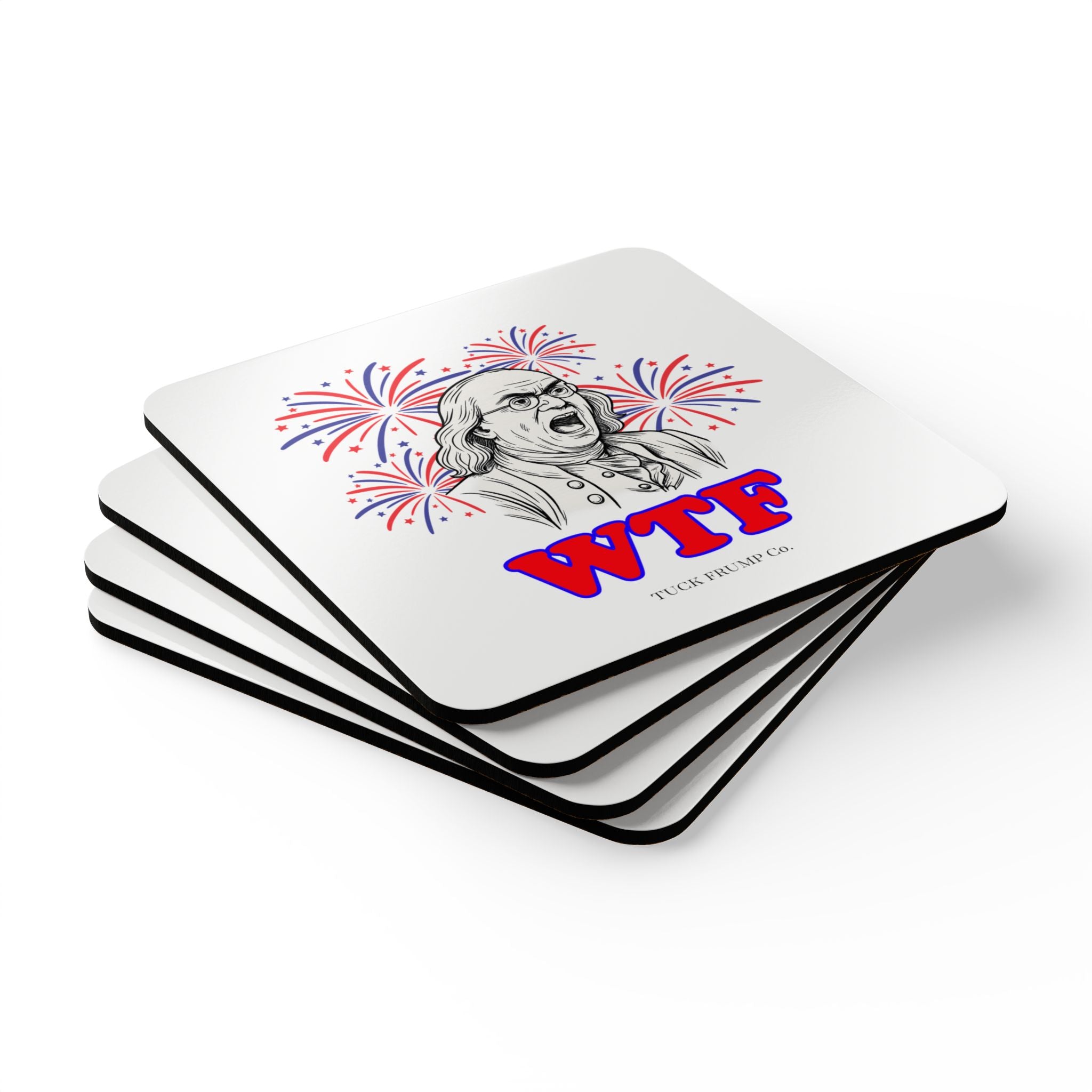 🧠 Ben Franklin “WTF?” Cork Coaster Set – 4-Pack