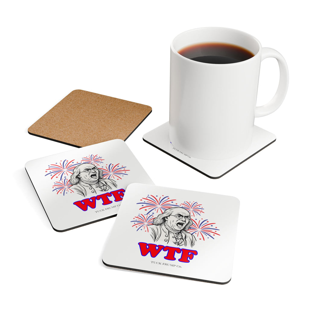 🧠 Ben Franklin “WTF?” Cork Coaster Set – 4-Pack